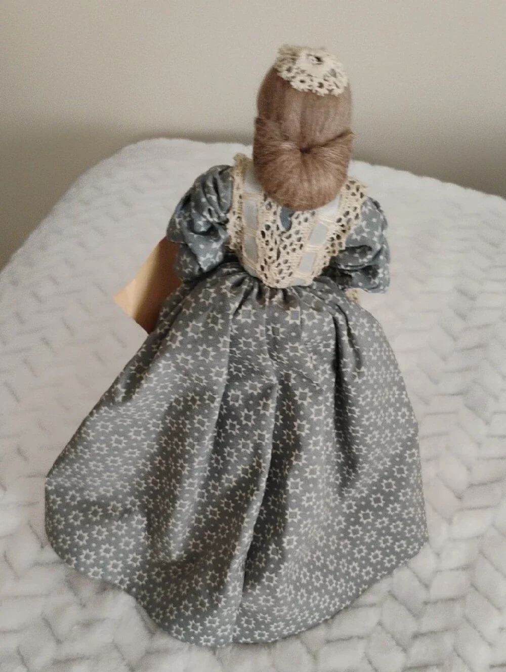 Vintage Handcrafted Gray Star-Pattern Decorative Doll with Cross-Stitch Apron